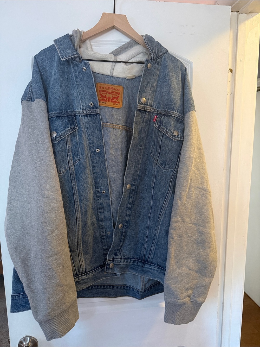 Levi's Blue Denim Jacket with Gray Hoodie Sleeves (MISSING BUTTON, see pics)